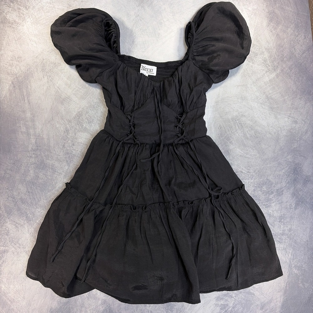 Trixxi Mini Dress Womens L Black Puff Sleeve Lace Up Corset Tiered Ruffle Skirt